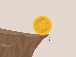 A bitcoin rolling to the edge of a cliff into the abyss, cryptocurrency risk concept vector