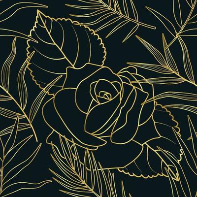 Seamless outline flower pattern with leaves on a dark background Premium Vector