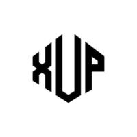 XUP letter logo design with polygon shape. XUP polygon and cube shape logo design. XUP hexagon vector logo template white and black colors. XUP monogram, business and real estate logo.