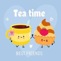 Cute happy cup of tea and cake card. Vector hand drawn doodle style cartoon character illustration icon design. Happy cup of tea and cake friends concept card