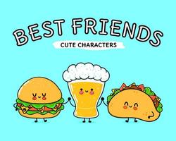 Cute, funny happy glass of beer taco hamburger. Vector hand drawn cartoon kawaii characters, illustration icon. Funny cartoon glass of beer taco hamburger mascot friends concept