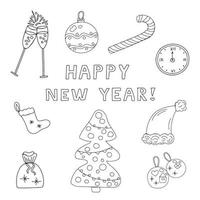 Black-white New Year doodles set on white background. You can print them and paint them how you want vector