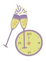 New year celebration, illustration of glasses with drink and watch. You can print it and use it how you want vector