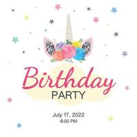 invitación de cumpleaños de unicornio brillante sobre fondo blanco