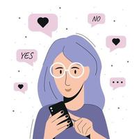 Purple-haired young girl with phone. Cartoon style. vector