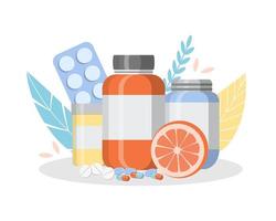 A bottles of vitamins, tablets, pills for seasonal cold, treatment, pharmacy with citrus. Flat style vector