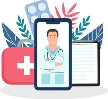 Online doctor concept. Patient consultation via smartphone. Online medical support. Online doctor. Healthcare services, Ask a doctor. vector