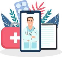 concepto de médico en línea. consulta del paciente a través de un teléfono inteligente. soporte médico en línea. médico en línea. servicios de salud, consulte a un médico. vector