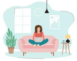 A girl sitting on sofa and working or studing at home. Using laptop. Flat style. Vector illustration.