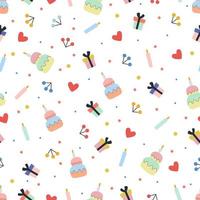 Seamless pattern with cakes, gifts, candles, hearts. Background for wallpapers, textiles, papers, fabrics, web pages. vector