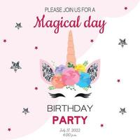invitación de cumpleaños de unicornio brillante para fiesta infantil. vector