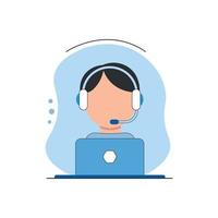 Call center operator. Male. Hotline support service 24h. Call center online assistant in headphones. Vector illustration.