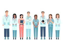 Doctors team concept. Medical specialists standing together. Flat cartoon style. vector