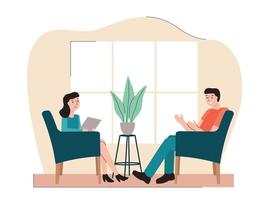 Psychotherapy session. Patient having individual psychological therapy and counseling with therapist. Mental health, healthcare and psychology. Psychiatrist consultation. Flat style. vector