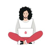 una chica con laptop trabajando o estudiando en casa. usando una computadora portátil estilo de dibujos animados ilustración vectorial vector