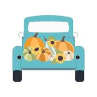 Autumn concept for Harvest festival or Thanksgiving Day. Blue retro car with pumkins, sunflowers and leaves. Background for posters, web, banners, flyers, postcards vector