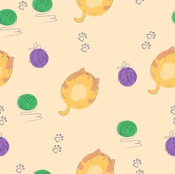 Joyful cat with a ball of thread pattern vector