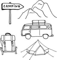 doodle viajar y acampar conjunto cinco elementos vector aislado