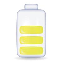 Vector battery, high yellow charge level. Glass 3d battery illustration on white background