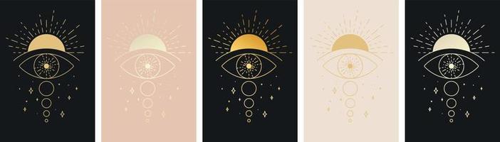 All seeing eye with sun and moon tattoo line icon set. Third eye symbol. Vector illustration