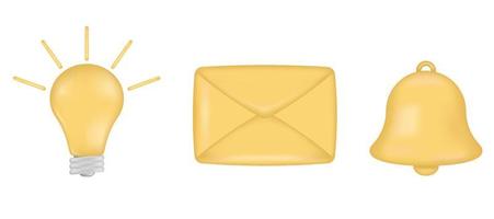 3d realistic render vector icon set. Light bulb, envelope, notification  bell. Vector business objects