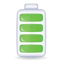 Vector battery, full green charge. Glass 3d battery illustration on white background