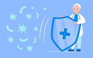 Immune system protection concept vector. The doctor holds a medical shield and protects from the attack of harmful microorganisms, bacteria, viruses. vector