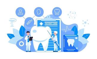 Dentist service vector concept for landing page. Tiny dentists make x-ray scan of teeth to help toothache, to whiten enamel or recovery implant.