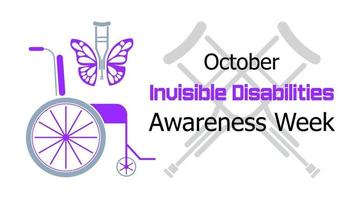 Invisible disabilities awareness week concept vector in purple colors. Wheelchair and crutches are shown.