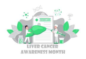 Liver cancer awareness month concept. Tiny doctors treat the liver. Trendy background vector for for website and mobile website development