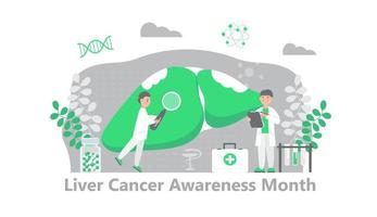 Liver cancer awareness month concept. Tiny doctors treat the liver. Trendy background vector for for website and mobile website development