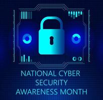 National Cyber Security Awareness Month concept vector. It is observed in October in USA. Hud elements, lock icon, concept vector are shown on ultraviolet background for banner