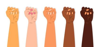 Fists of people of different Nations and races vector. It is a symbol of struggle against injustice, for rights of minorities, oppressed and socially unprotected segments vector