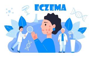 Eczema, psoriasis concept vector. Sad cute girl on the blue background. Tine dermatologists treat eczema of patient. vector