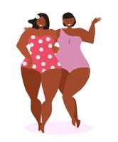 African ladies are in love. Lesbian day concept vector. Women in swimsuit are happy, dancing. Black couple of lesbians are happy. Sisterhood, girlfriends vector