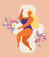 vector de concepto de ciclo de salud menstrual en estilo plano. mujer durmiendo en una almohadilla de higiene con hojas y flores tropicales. comodidad y cuidado de la mujer.