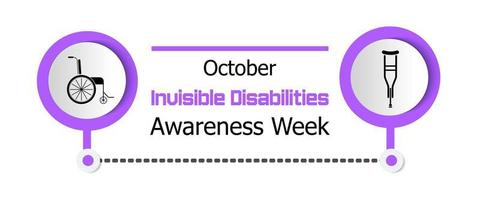 Invisible disabilities awareness week concept vector in purple colors. Wheelchair and crutches are shown.