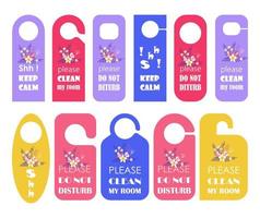 Door hangers set vector. Colorful paper, plastic, cardboard door lock cards with tropical flowers, leaves. Don't disturb, calm, and clean tags for apartments and room in hostel vector