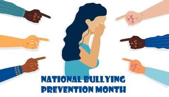 National Bullying Prevention month in October in USA. Victim girl scene in society. Stressed woman in shame and hands with pointing finger. vector