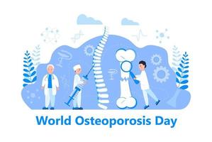 Osteoporosis world day concept, osteoarthritis anatomical vector. Tiny doctors research bones of human.