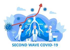 Coronavirus crisis second wave concept vector. Tiny cute doctors treat affected lungs. COVID-19 pathogen impact vector