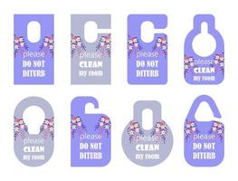 Door hangers set vector. Colorful paper, plastic, cardboard door lock cards with tropical flowers, leaves. Don't disturb, calm, and clean tags for apartments and room in hostel vector