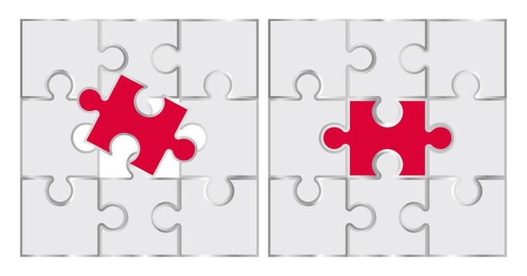 White puzzle with red piece in the middle. Business concept. Graphic design.
