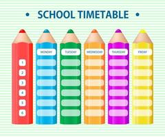 Timetable for elementary school. Weekly planner with big pencils on a striped background. Graphic design. vector