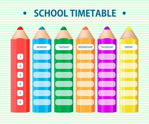 Timetable for elementary school. Weekly planner with big pencils on a striped background. Graphic design.