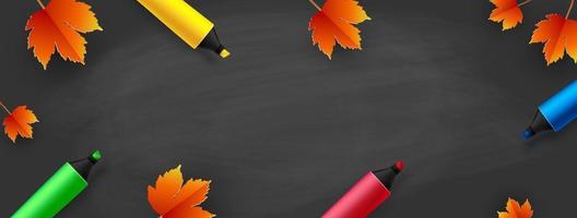 Back to school - blackboard with colored markers and autumn leaves. Template for your text. Vector illustration.