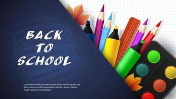 Back to school. Words with realistic school items, with colored pencils, markers and autumn leaves. Vector