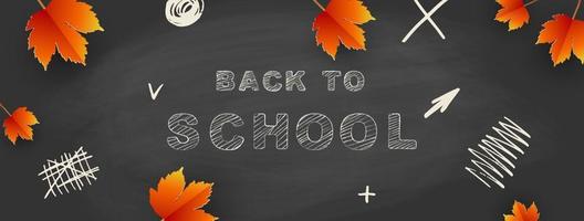 Back to school - blackboard with autumn leaves, doodles and chalk lettering. Template for your text. Vector illustration.