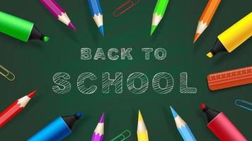 Back to school - chalkboard with pencils, markers and chalk lettering. Vector illustration