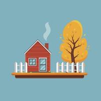 Autumn landscape. Red house, fence and tree with falling leaves. Autumn season in the village. Countryside life. Vector illustration in flat cartoon style.